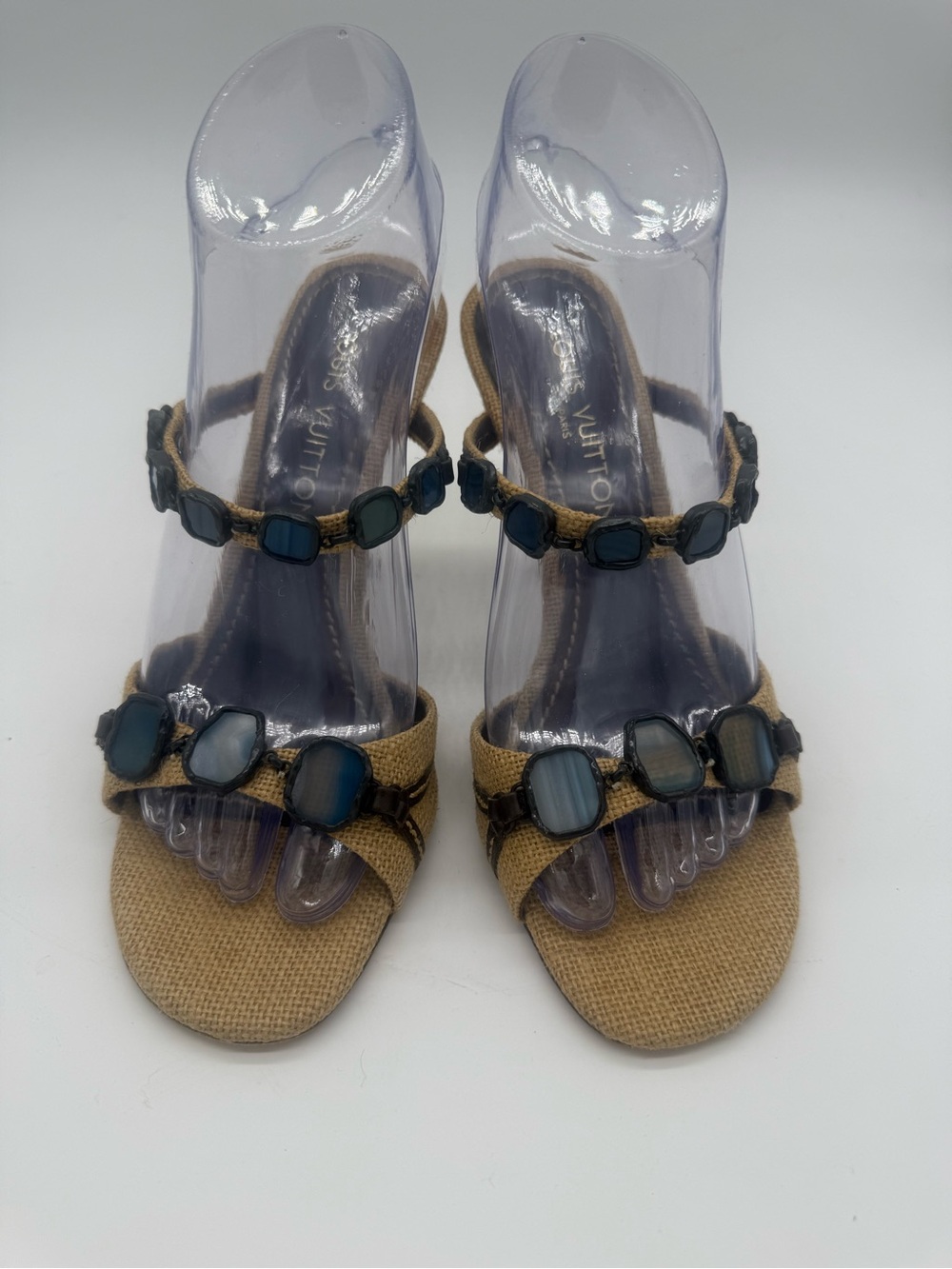 Louis Vuitton LV Beige Women’s Heeled Sandals with Blue Stone Accents
